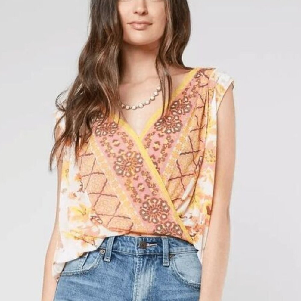 Free People Havana Muscle Tank Boho Floral Print Ivory